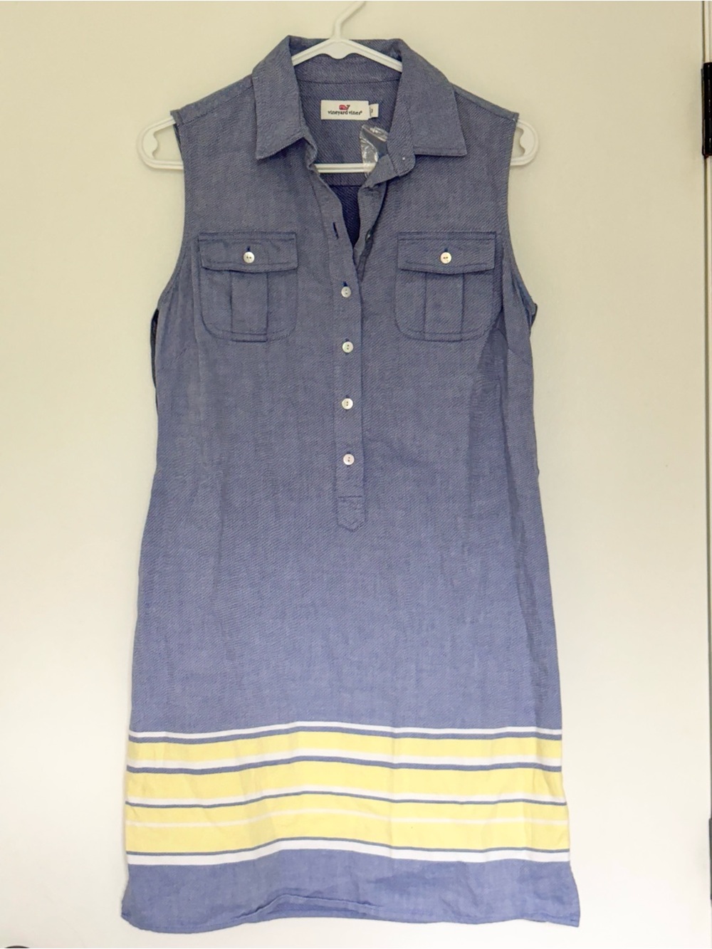 Vineyard Vines Blue Sleeveless Polo Shift Dress with Yellow Stripes